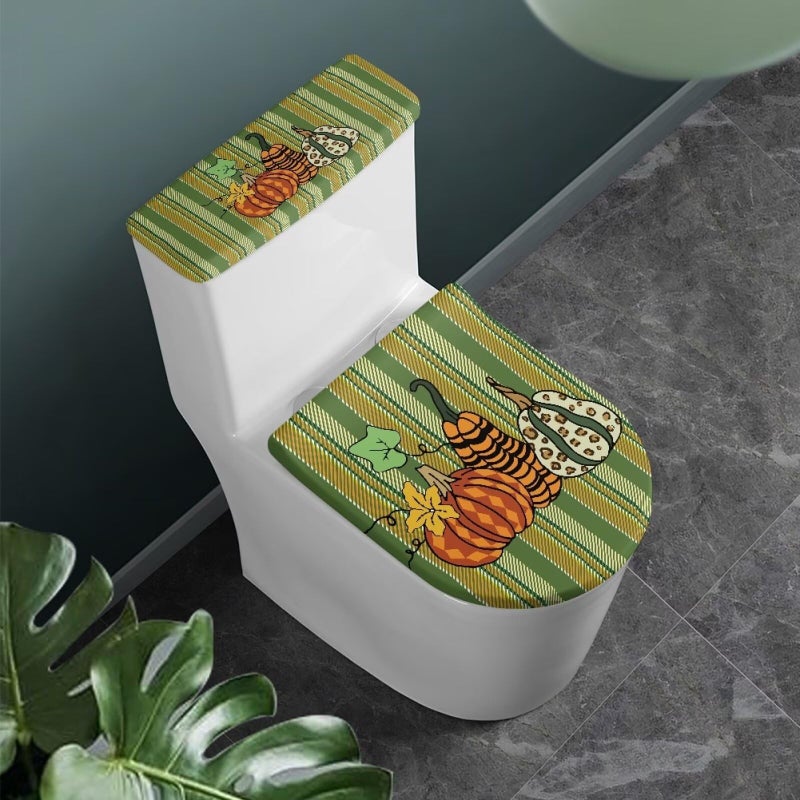 GLENLCWE Thanksgiving Pumpkin Toilet Seat Covers Set Red, 2 Pcs Green Dust-Proof Round Oval Toilet Lid and Tank Lid Covers for Bathroom Set - Image 2